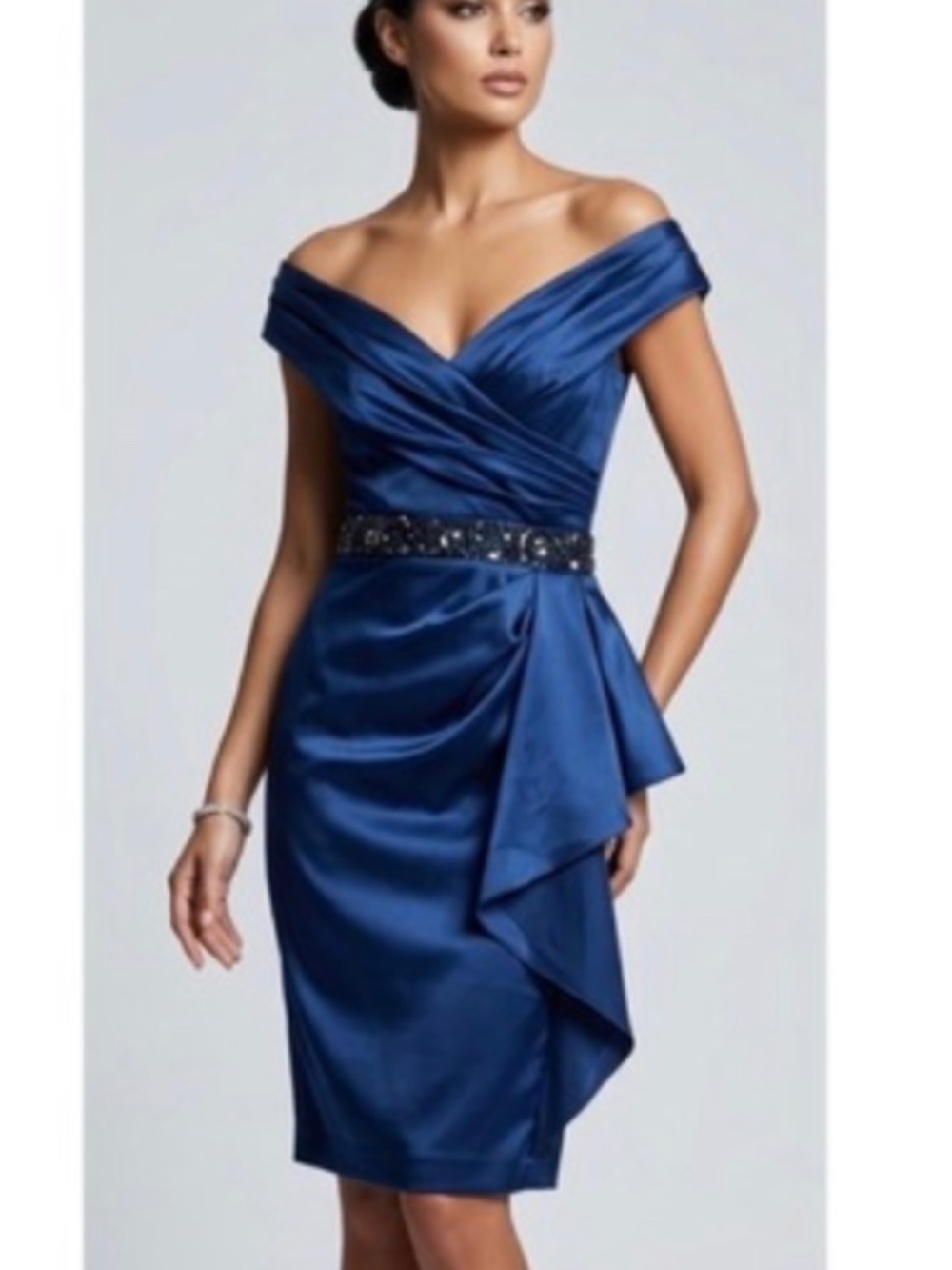 Maggy London Navy Blue Satin Off Shoulder Embellished Cocktail Dress Size 8